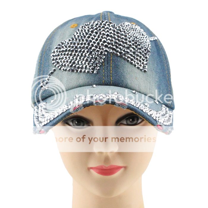 Women Baseball Cap With Rhinestone Studded Cupid Bling Hat Washed Blue